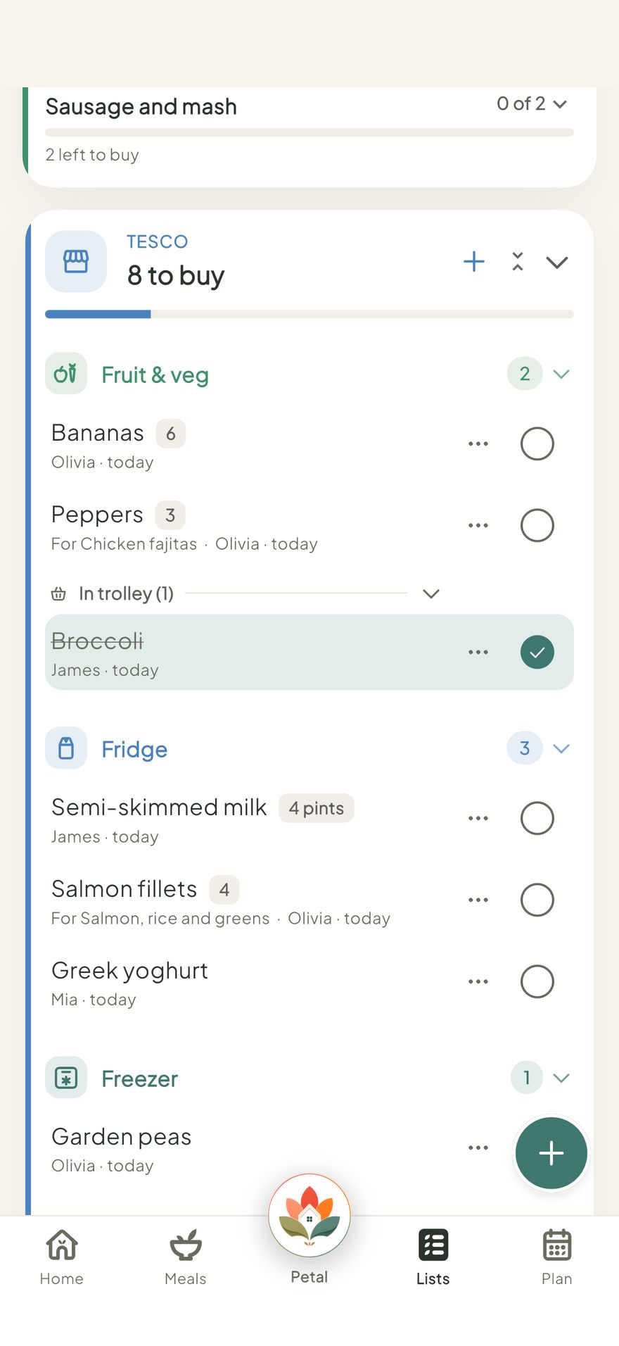 Groceries grouped by aisle, with items in the trolley