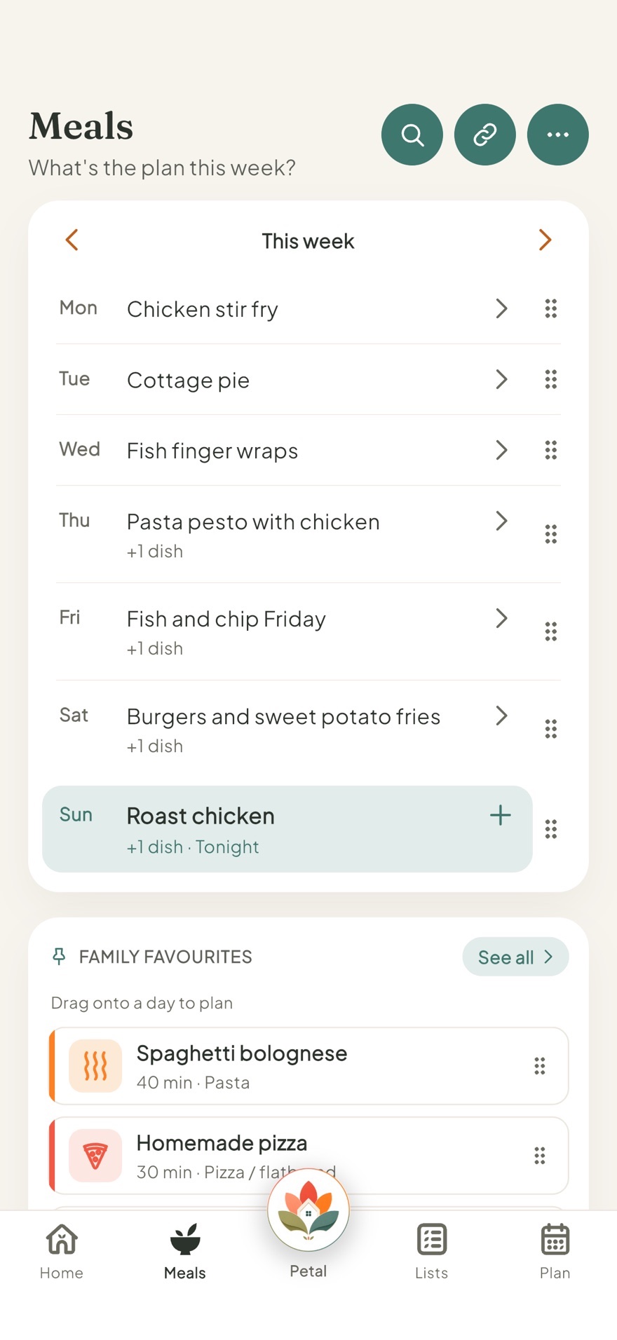 A week of meals planned in Petal Home