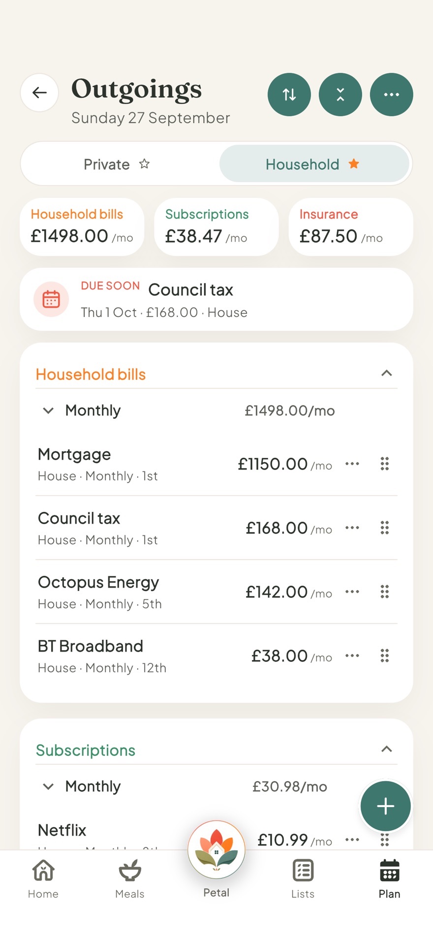Outgoings in Petal Home showing household bills and subscriptions