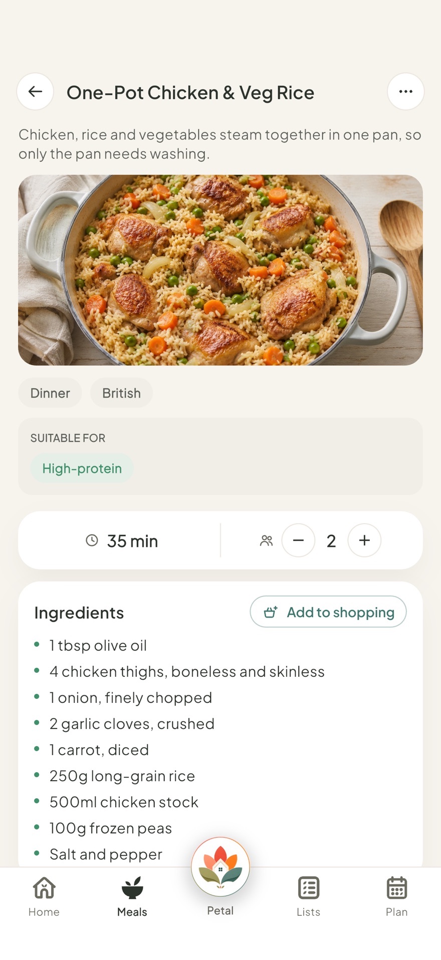 A recipe in Petal Home