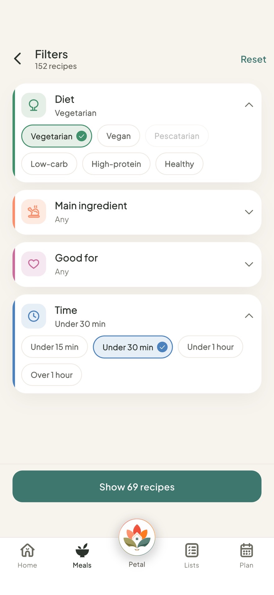 Filtering recipes by diet and time