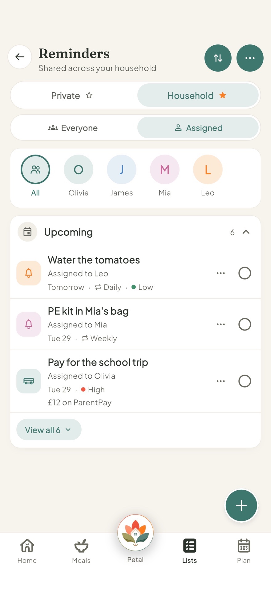 Household reminders in Petal Home