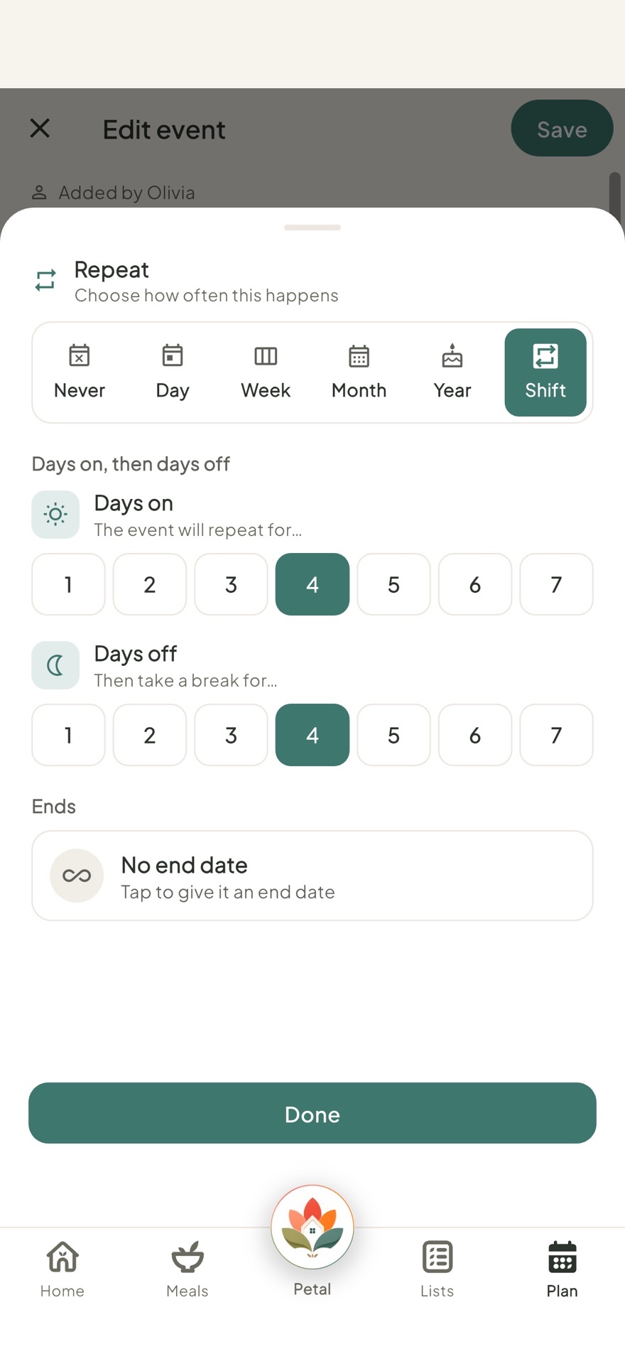 Setting a shift pattern repeat in Petal Home