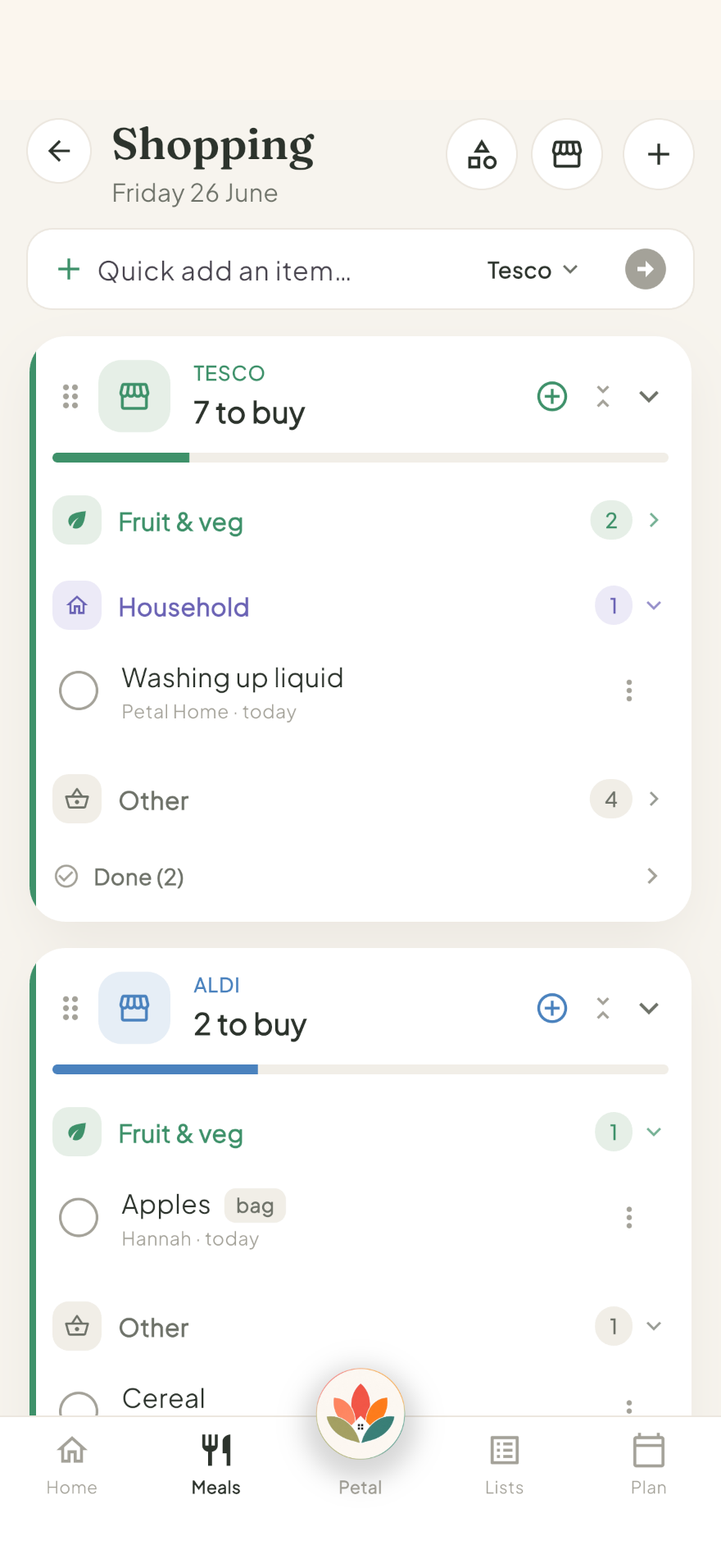 Petal Home shopping list screen